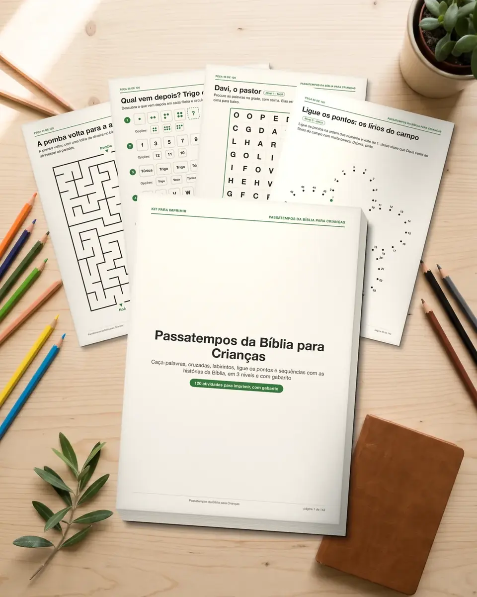Folhas do kit Passatempos da Bíblia para Crianças em leque