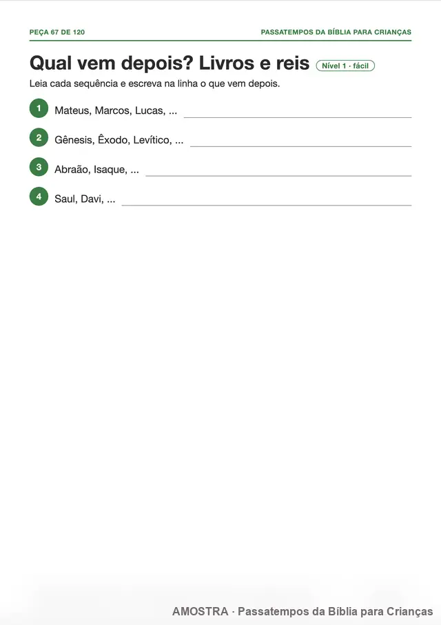 Amostra da página do kit: Qual vem depois? Livros e reis